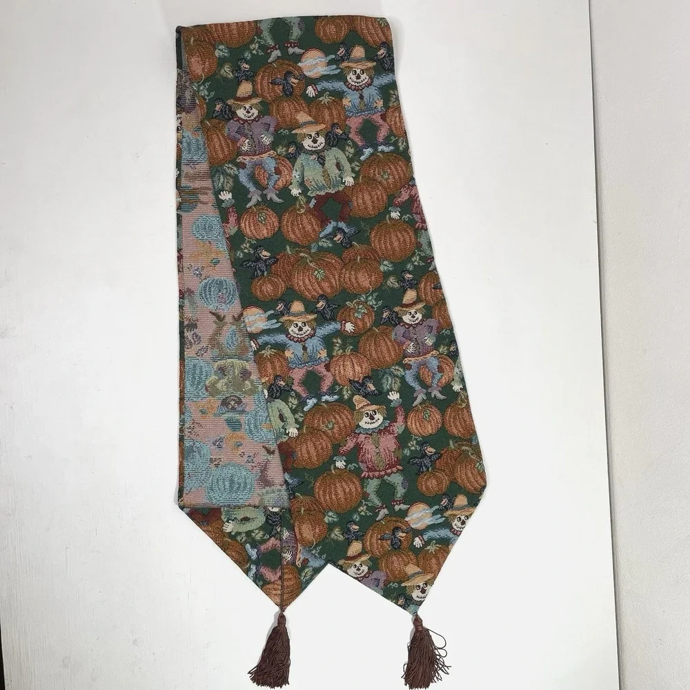 Vintage Autumn Table Runner Fall Decor Pumpkin Scarecrow Brown Tassels 71 Inch